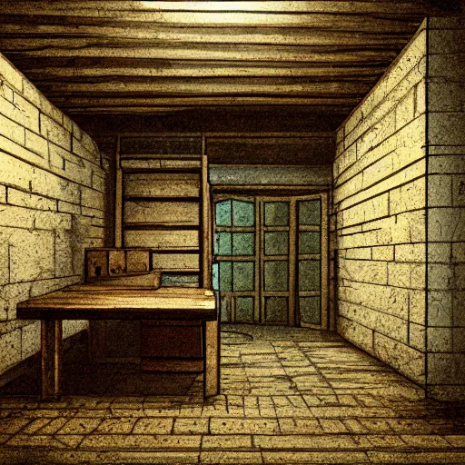 Image similar to an illustration of a basement in the style of mateusz skutnik