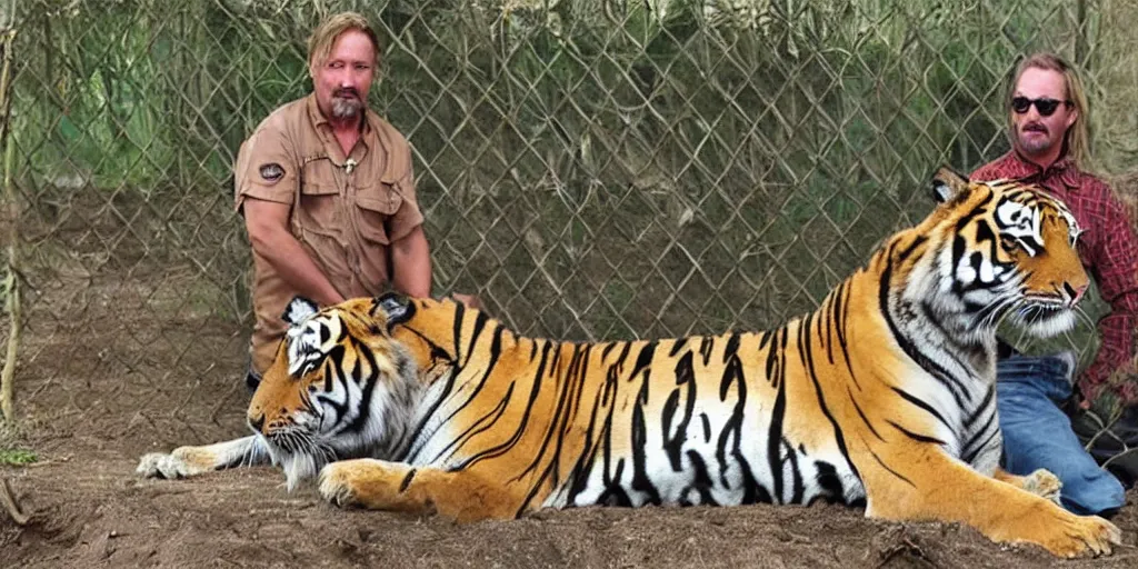 Image similar to joe exotic the tiger king standing in front of a tiger cage, tigers