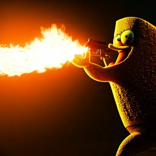 Prompt: high detail full body shot of spongebob squarepants shooting a machine gun with muzzle flash, cinematic framing, cinematic light, hard shadows, in the style of lone survivor,