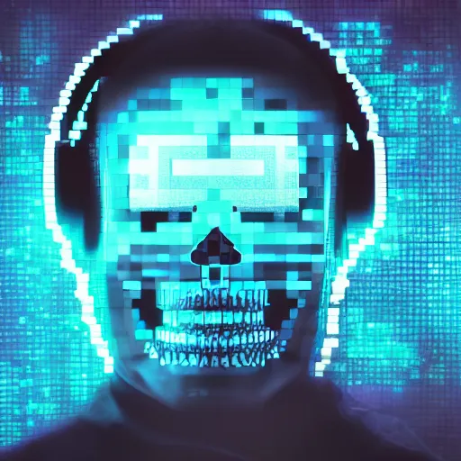 Prompt: a skull with a vr headset in a cyberpunk aesthetic, 4 k, with the exact words pixel written on the headset