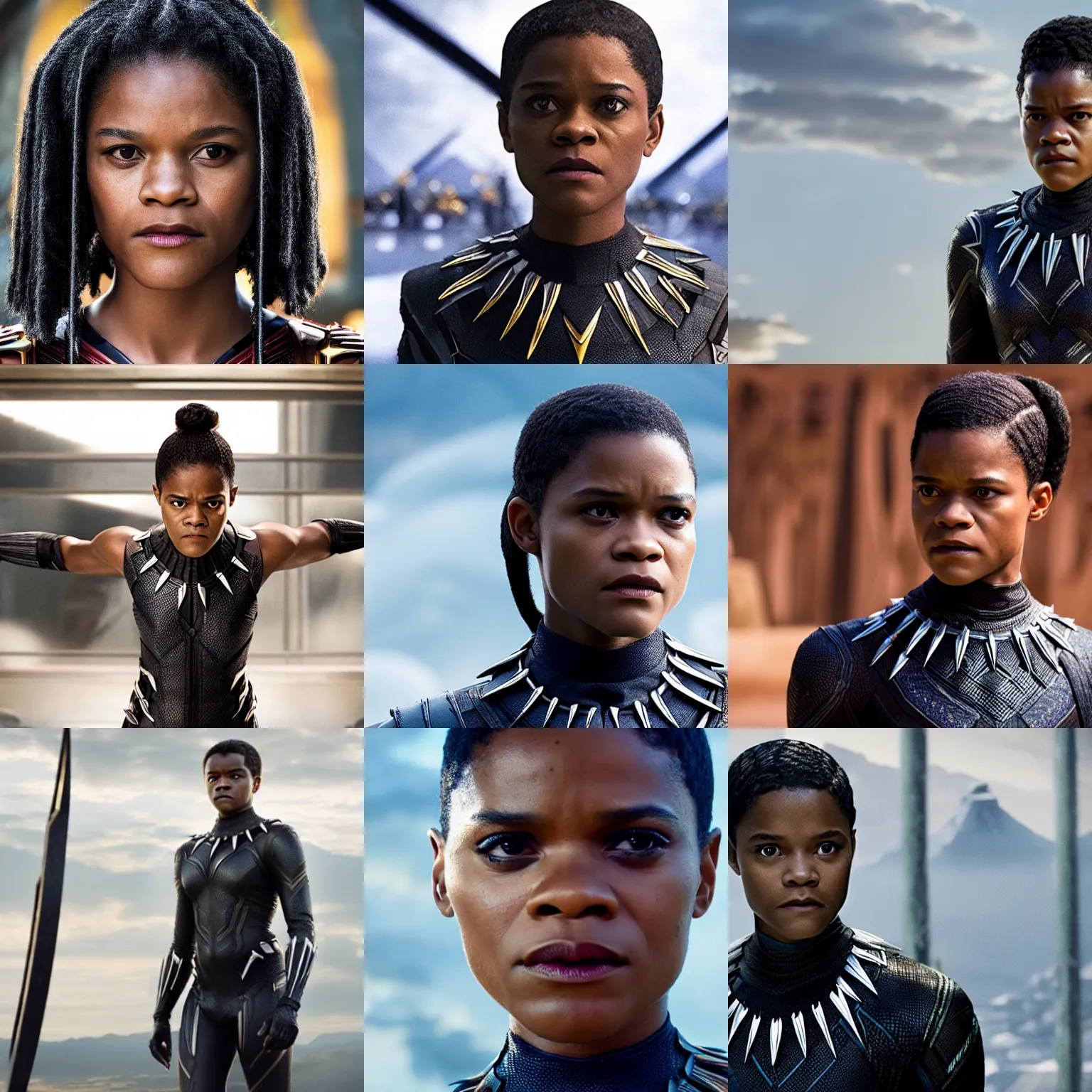 Prompt: Letitia Wright as Black Panther, headshot, film still from 'Black Panther'