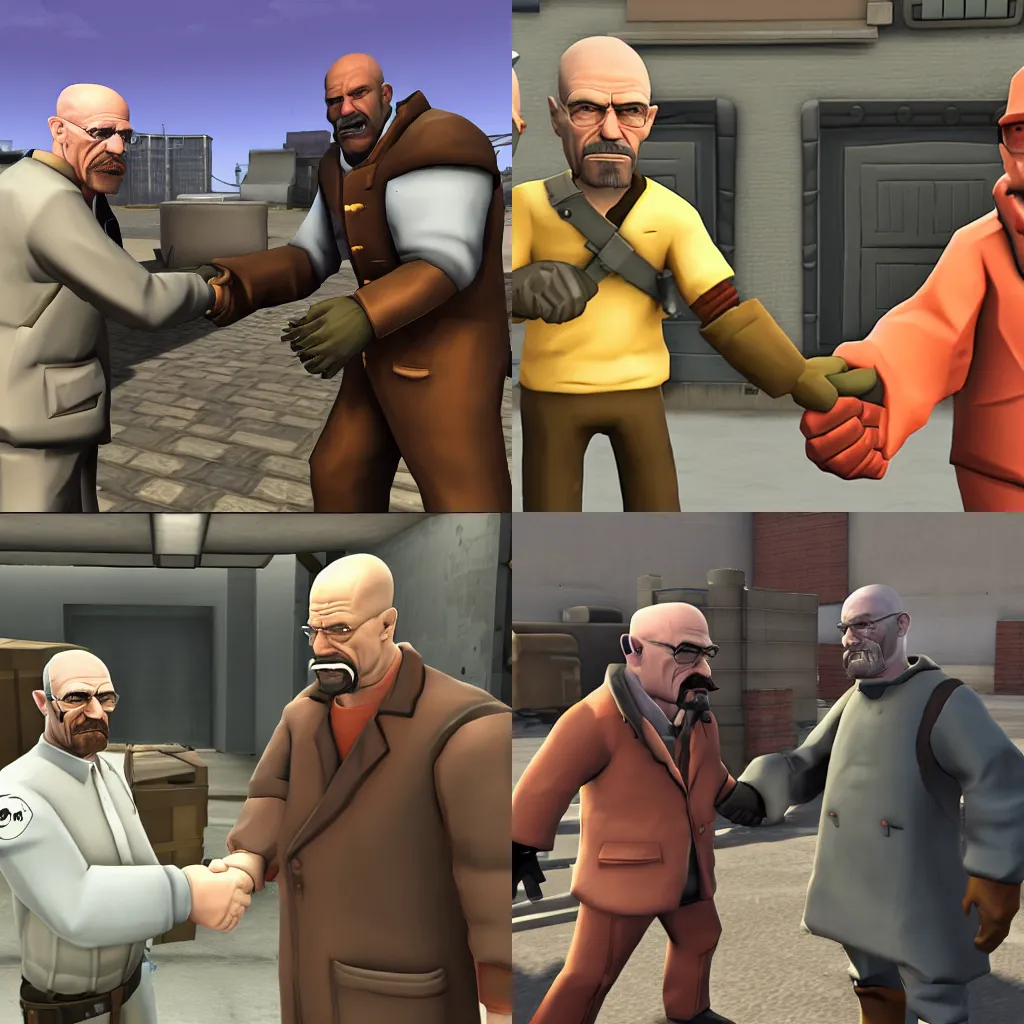 Prompt: Walter White shaking hands with the Heavy from Team Fortress 2