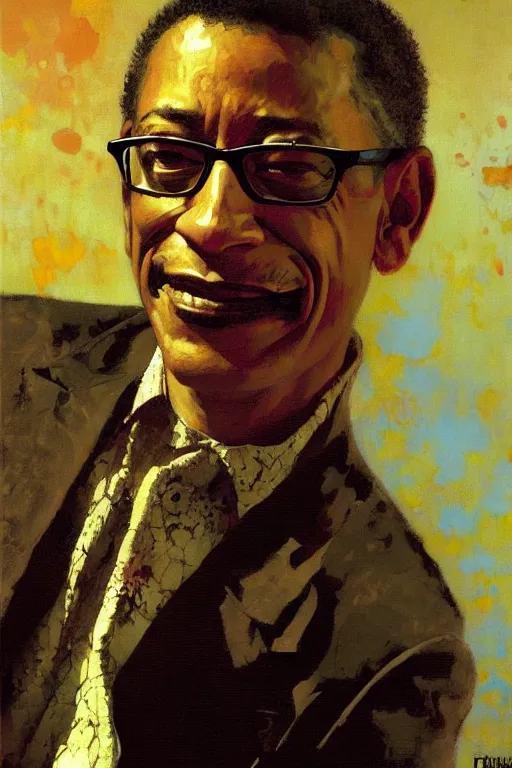 Image similar to gus fring, painting by'phil hale '!!! gaston bussiere, craig mullins, greg rutkowski, alphonse mucha