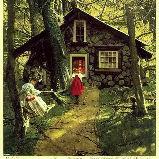 Prompt: witch cottage rococo in the forest, art by norman rockwell