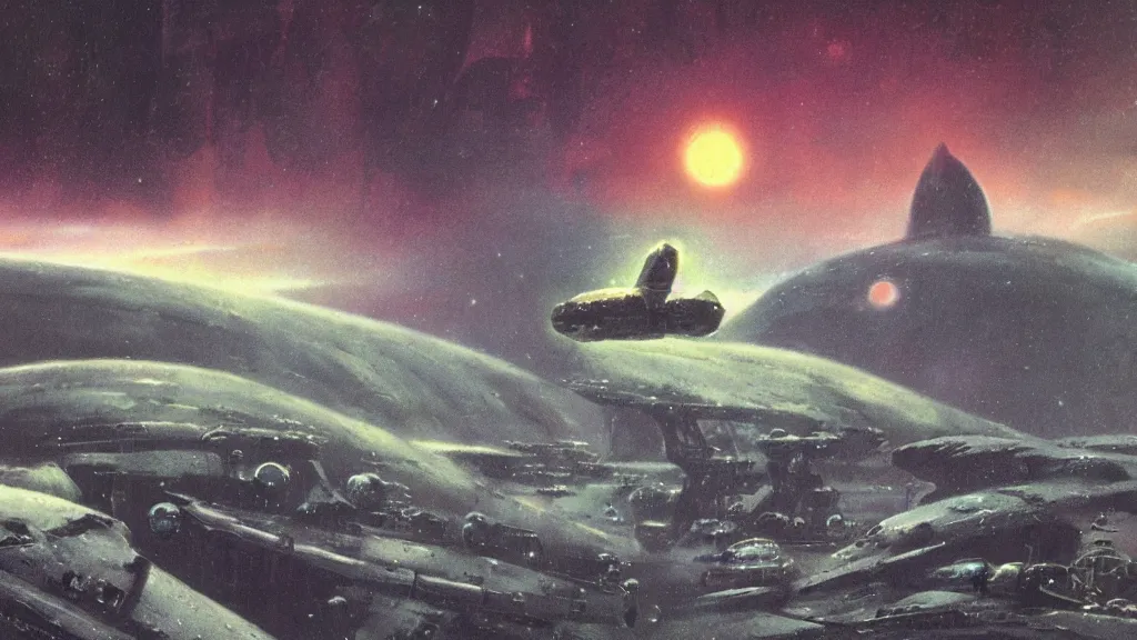 Image similar to eerie atmospheric alien planet with a small dropship pod landing by paul lehr and jack gaughan and john schoenherr, epic cinematic matte painting