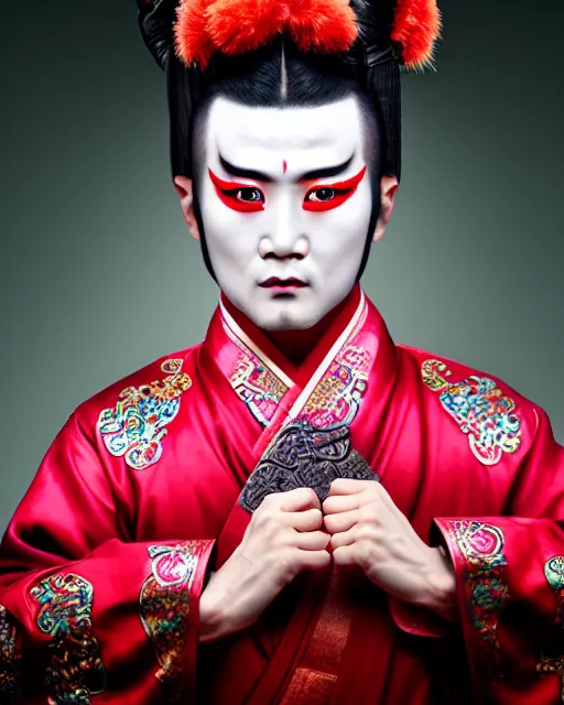 Prompt: photo of a Dramatic Peking Opera male character wearing elaborate makeup with Sanskrit devanagari script words painted on face in the style of stefan kostic, realistic, sharp focus, symmetric, 8k high definition, insanely detailed, intricate, elegant, art by stanley lau and artgerm, William-Adolphe Bouguereau