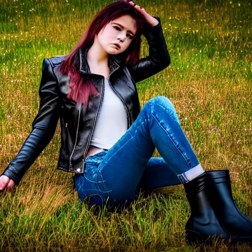 Image similar to young girl lies on a meadow, she wears leather jacket, jeans and black boots, intricate, sharp focus, photo taken by nikon, 4 k, studio lightning