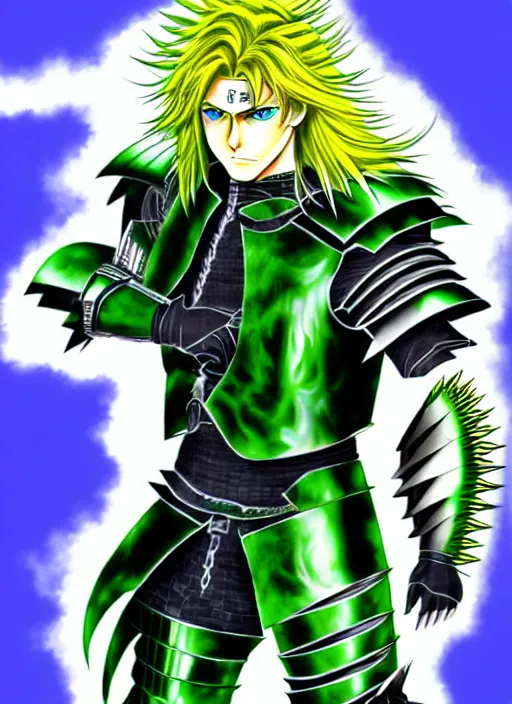 Prompt: a detailed anime full body portrait of a male warrior with long blonde hair and blue eyes wearing evil green spiked cyberpunk armour by hirohiko araki,