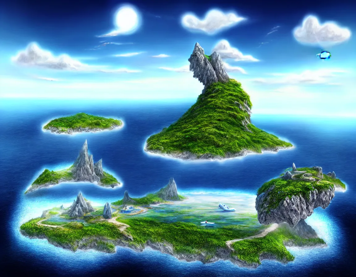 Image similar to ultra realistic illustration of magical island floating in the sky, hd, hdr, low angle camera view, cinematic 8 k, ultra detailed, high resolution, smooth, sharp focus, illustration, art by stanisław wyspianski