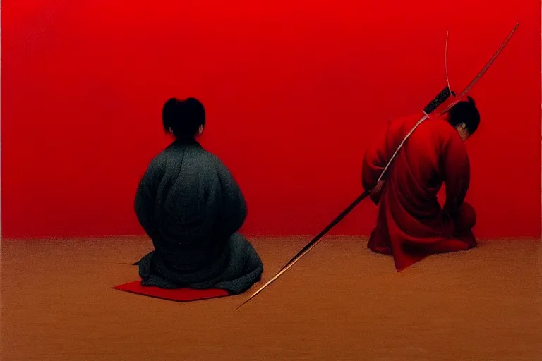 Image similar to only with red, a red samurai do seppuku, tokio, a lot of frogs watch, in the style of beksinski, parts by edward hopper, parts by rodcenko, parts by yue minjun, intricate and epic composition, red by caravaggio, insanely quality, highly detailed, masterpiece, red light, artstation, 4 k