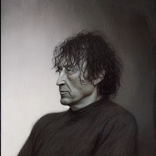 Image similar to a portrait of neil gaiman, painted by zdzislaw beksinski