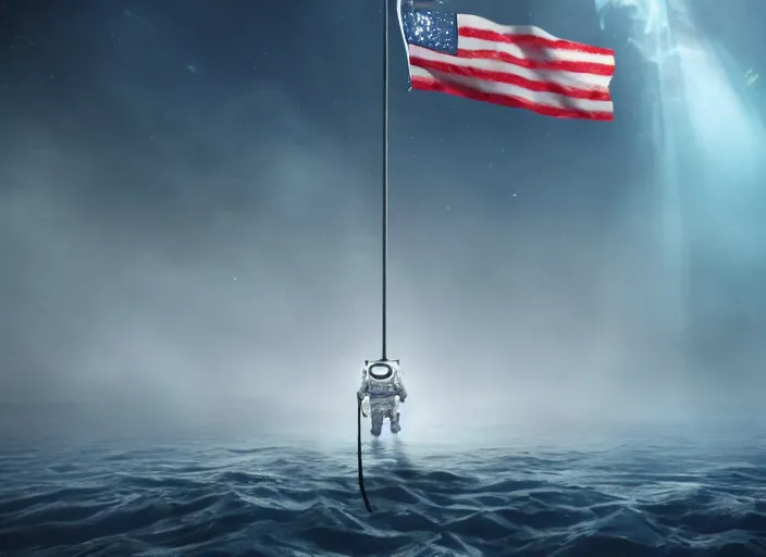 Image similar to astronaut holding a flag in an underwater desert. a submarine is visible in the distance. dark, concept art, cinematic, dramatic, atmospheric, 8 k, trending on artstation, blue, fish, low visibility, fog, ocean floor, christopher nolan, interstellar