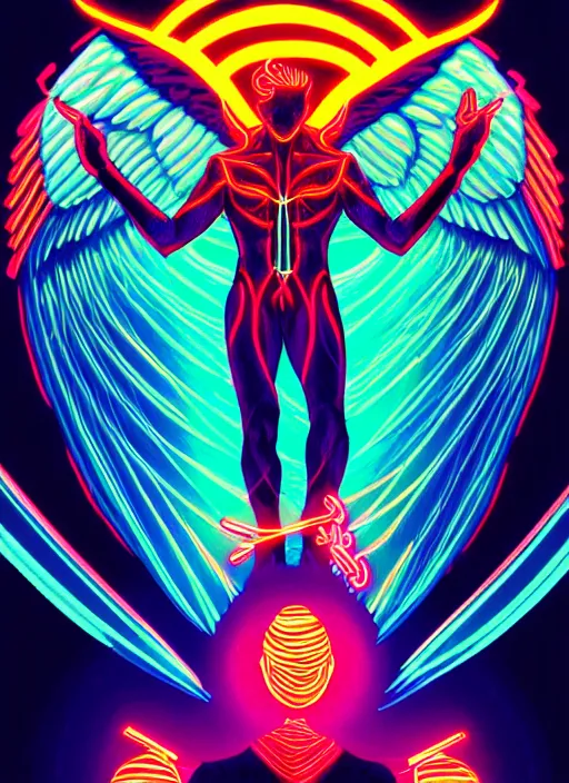 Image similar to symmetry!! concept art, art by dan mumford!!, full shot, sketch!! of a male angel, intricate, elegant, bright neon colors, glowing lights, highly detailed, digital painting, artstation, glamour pose, smooth, sharp focus, illustration,