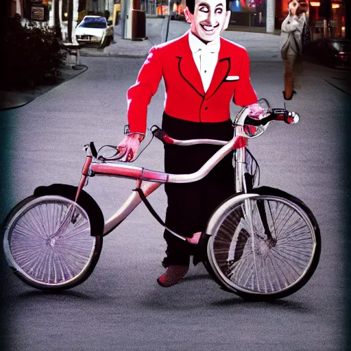 Image similar to Pee-Wee Herman on his bike outside an Adult Movie theater, digital art, hyper realistic, 8k