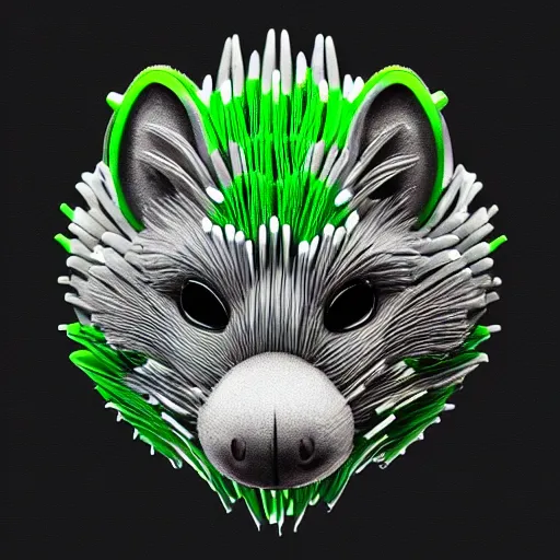 Prompt: 3 d head of green hedgehog, symmetrical logo, black background, cgsociety, pop surrealism, alan bean, behance hd,, and intricate