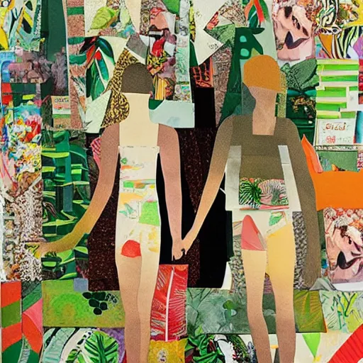 Image similar to paper collage art made of cut up magazines depicting two women holding hands in a jungle