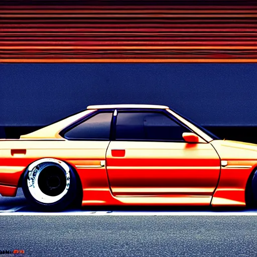 Image similar to a car Nissan Silvia at illegal car meet, Shibuya prefecture, city sunset, cinematic color, photorealistic, highly detailed