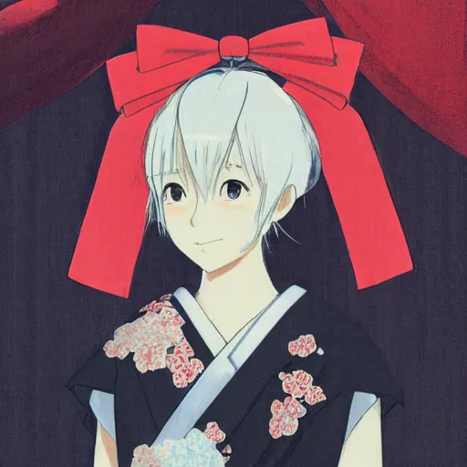 Prompt: Portrait of a japanese princess young lady, with white hair and bangs with a red with a red bow tied in her hair!!!! beauty artwork by Makoto Shinkai, Studio Ghibli, white hair, ayaka genshin impact, ayaka, ayaka game genshin impact, ayaka, extremely detailed, beautiful, establishing shot, artistic, shadows, high quality, unreal engine, overwatch art team