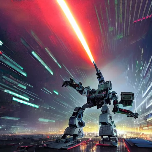 Image similar to A highly detailed photo of a giant futuristic mech launching missiles and firing lasers in a city