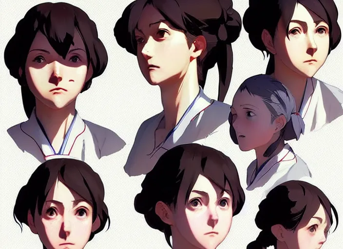 Image similar to 1 8 5 5 nurse, character face study, multiple angles, directions and moods. faces only, concept art finely detailed perfect art, painted by greg rutkowski makoto shinkai takashi takeuchi studio ghibli, pinterest, cevagraf comics