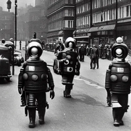 Image similar to 1930s London being invaded by aliens, black and white photograph