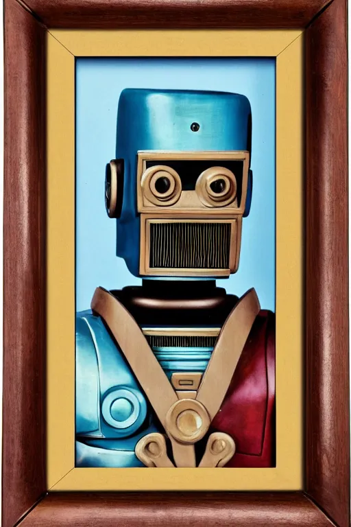 Prompt: A beautiful professional robot portrait, of a robot elder statesman, by Bachrach Studios, 1980s, in an classy wooden frame