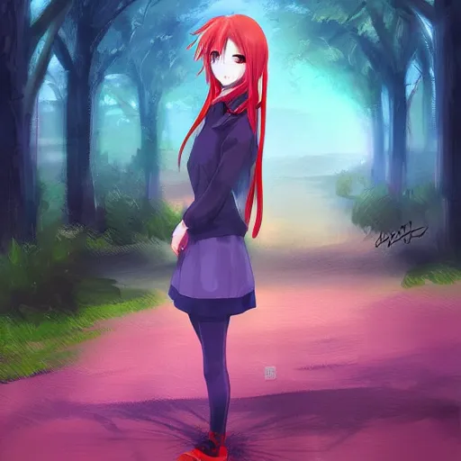 Image similar to anime girl in a park, evening lightning, warm, digital painting