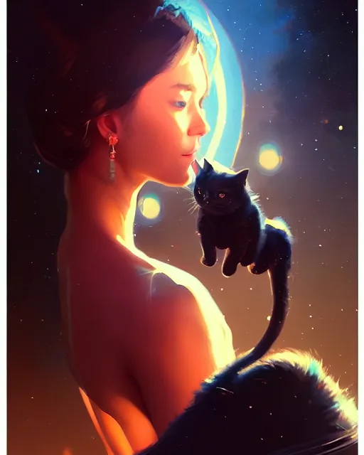 Image similar to a potrait of a space fanstasy cat, fine details. night setting. realistic shaded lighting poster by ilya kuvshinov katsuhiro, artgerm, jeremy lipkin and michael garmash, unreal engine, radiant light, detailed and intricate environment, digital art, trending on art station