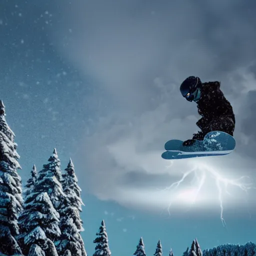 Image similar to jesus snowboarding on puffy volumetric clouds, volumetric illumination, dramatic lightning, 3 d, cinematic, 8 k