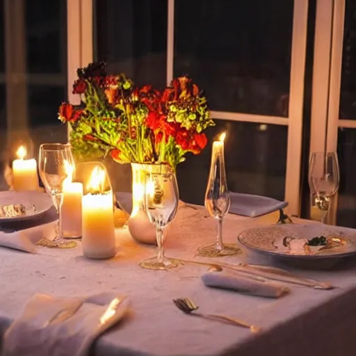 Image similar to romantic candle - lit dinner on a luxury table with a wine bottle, soft light, warmly lit