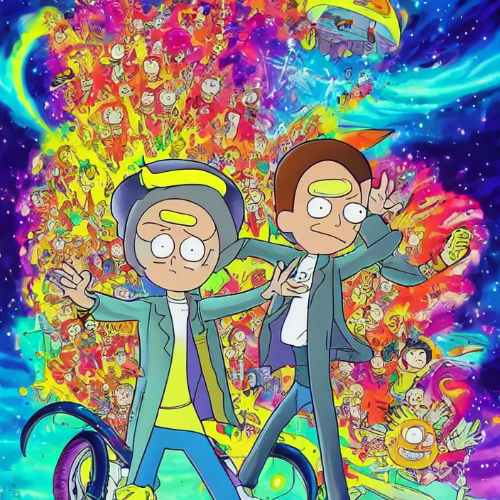 Image similar to Michael J. Fox as Morty Smith from Rick and Morty by Noriyoshi Ohrai and Lisa Frank, inking, full color