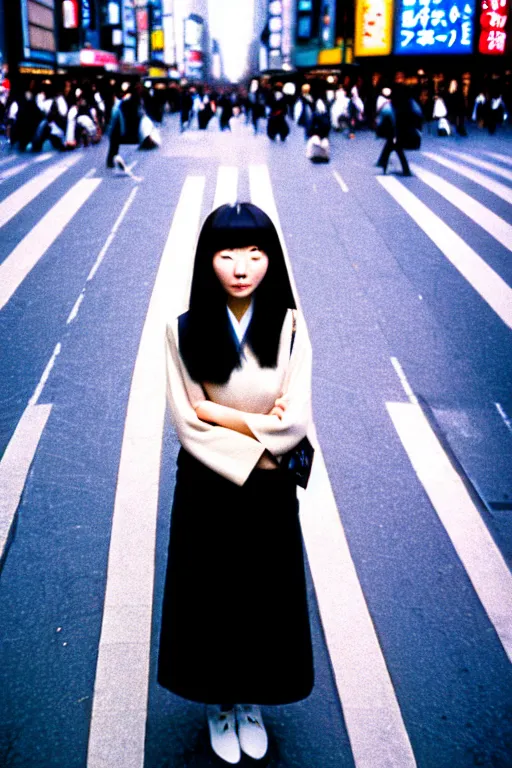 Image similar to street photography portrait of a beautiful japanese woman standing at shibuya crossing during midday, subtle colors, shot on cinestill 5 0 d film, iso 1 0 0, 5 0 mm lens aperture f / 8, dynamic composition, full frame, full res, sharp focus, hyper realistic