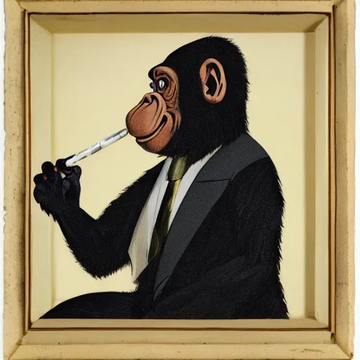 Prompt: a high detail photo of an antropomorphic chimp wearing a suit smoking a cigarrette, subject= chimp, subject detail: wearing a suit, subject action: smoking a cigarrette photorealism