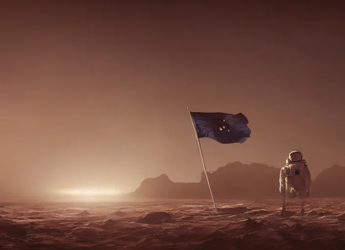 Image similar to astronaut holding a flag in an underwater desert. a submarine is visible in the distance. dark, concept art, cinematic, dramatic, atmospheric, 8 k, trending on artstation, blue, fish, low visibility, fog, ocean floor, christopher nolan, interstellar