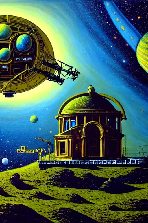 Image similar to a hyperrealistic painting of an ornate observatory resting on the cliff of an alien terrain, telescope pointing towards space galaxies and stars by chris cunningham and richard corben, highly detailed, vivid color,