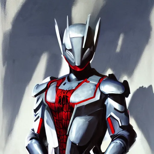 Image similar to greg manchess portrait painting of armored spiderman ultraman grey fox from metal gear cyborg gay japanese - american hybrid as overwatch character, medium shot, asymmetrical, profile picture, organic painting, sunny day, matte painting, bold shapes, hard edges, street art, trending on artstation, by huang guangjian and ail elvgren and sachin teng