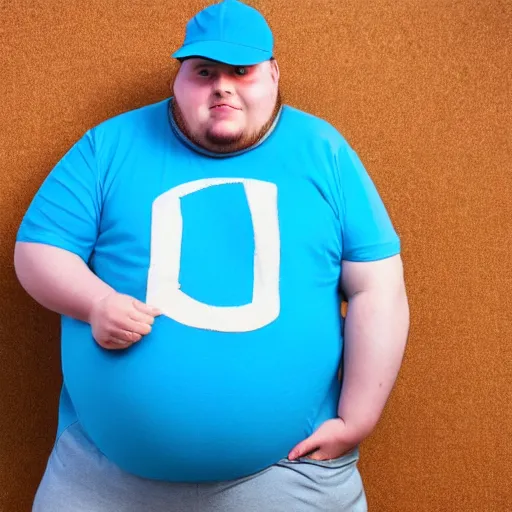 Image similar to very obese man with a t-shirt and blue cap with the letter P, holding a pencil