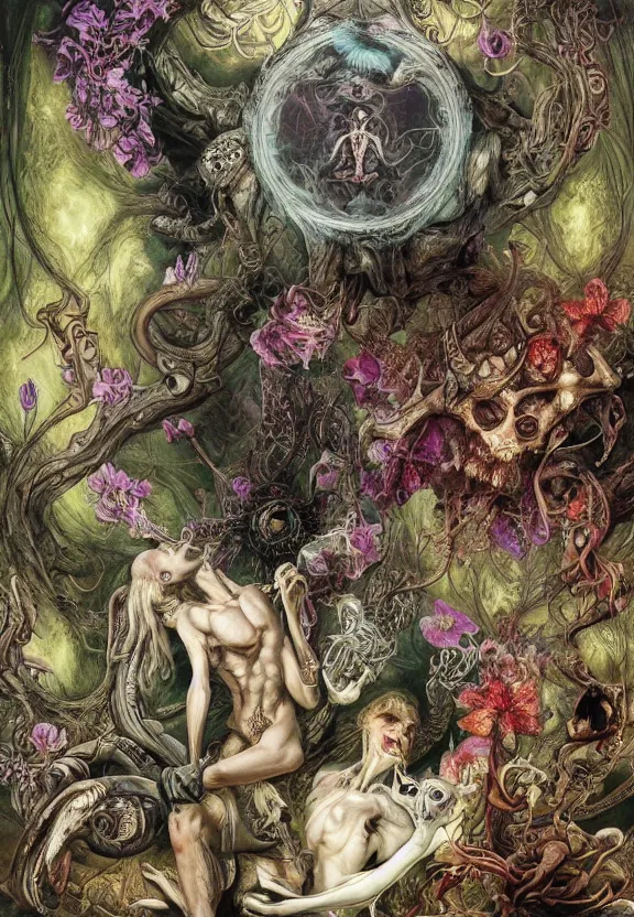 Image similar to simplicity, elegant, colorful muscular eldritch animals and bones radiating from fractal, orchids, flowers, mandala, white bones, by h. r. giger and esao andrews and maria sibylla merian eugene delacroix, gustave dore, thomas moran, pop art, chiaroscuro, biopunk, art nouveau