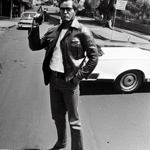 Image similar to detective in leather jacket next to car, pointing a pistol, in 1970s Los Angeles street, photograph