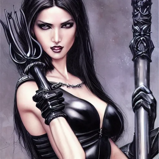 Prompt: a beautiful warrior woman with dark hair, wearing black catsuit and plates of black body armour, she is holding a long staff, intricate, elegant, highly detailed, detailed face, smooth, sharp focus, high contrast, graphic novel, art by stanley lau artgerm,