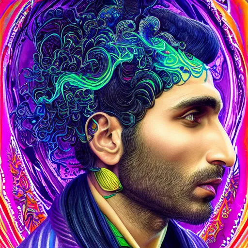 Image similar to portrait of ranveer singh, hyper detailed masterpiece, neon floral pattern, jean giraud, digital art painting, darkwave goth aesthetic, psychedelic, artgerm, donato giancola and tom bagshaw