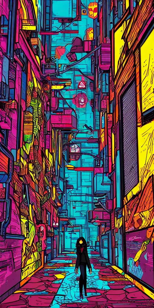 Image similar to person standing in a cyberpunk alley, pop art, markers, rtx, 8 k, ray tracing, highly detailed