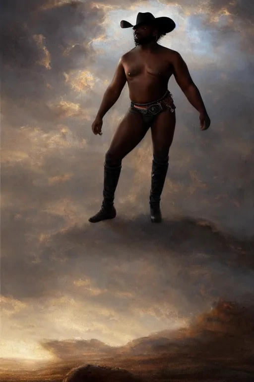 Prompt: a beautiful dramatic epic painting of a thicc beefy shirtless black man | he is wearing a leather harness and cowboy hat | prairie setting, dust clouds | homoerotic, highly detailed, dramatic lighting | by Mark Maggiori, by William Herbert Dunton, by Charles Marion Russell | trending on artstation