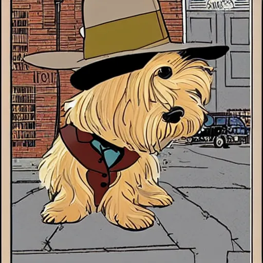 Image similar to a cute detective yorkshire terrier wearing a fedora in a dar alley, style of Geof Darrow