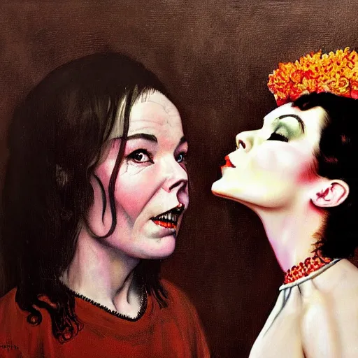 Image similar to a portrait painting of bjork and satan. Painted by Norman Rockwell