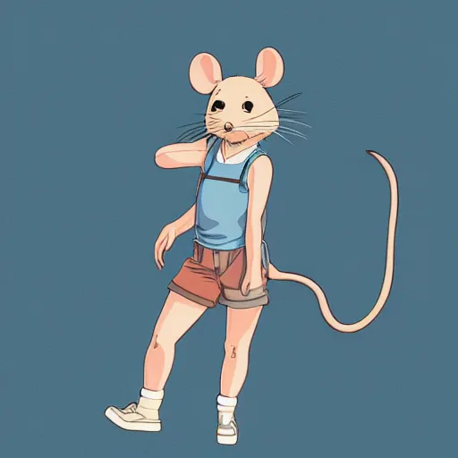 Image similar to in the style of studio ghibli, anthropomorphic mouse, female, wearing denim shorts and tank top, detailed, intricate, aesthetic, artistic, ambient occlusion, volumetric light effect, 8 k resolution