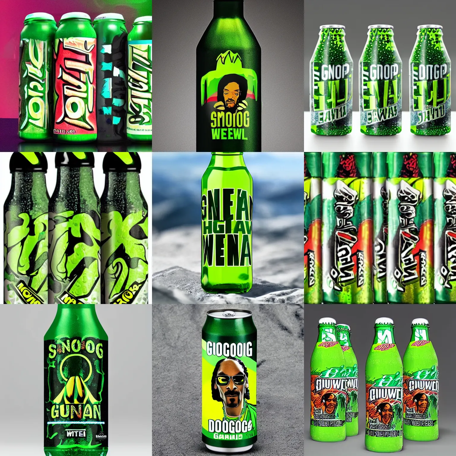Prompt: Snoop Dogg Ganja themed MTN Dew bottle