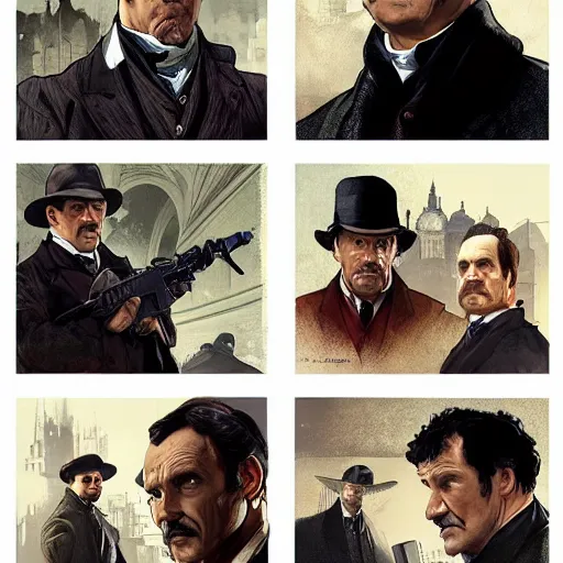 Image similar to [UHD Sherlock Holmes and Watson as GTA characters, correct faces, intricate, elegant, graphic detail, digital painting, trending on artstation, concept art, tonalism, sharp focus, illustration, art by Miguel Vasquez and Greg Rutkowski and Alphonse Mucha]