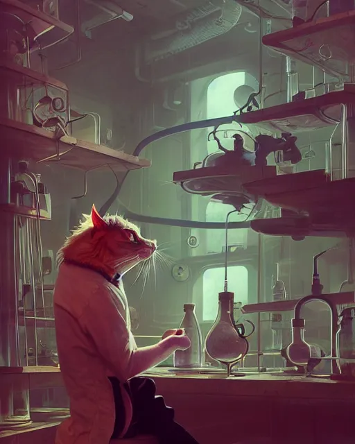 Image similar to highly detailed surreal vfx portrait of a mad cat scientist in weird laboratory, stephen bliss, unreal engine, greg rutkowski, loish, rhads, beeple, makoto shinkai and lois van baarle, ilya kuvshinov, rossdraws, tom bagshaw, alphonse mucha, global illumination, detailed and intricate environment