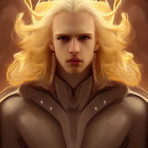 Image similar to digital art of a pale menacing male Cyborg Angel of Battle with fluffy blond curls of hair and piercing eyes, central composition, blond fringe over forehead, Center parted fringe, Center parted bangs, he commands the fiery power of resonance and wrath, very very long blond curly hair, baroque curls, by WLOP, Artstation, CGsociety